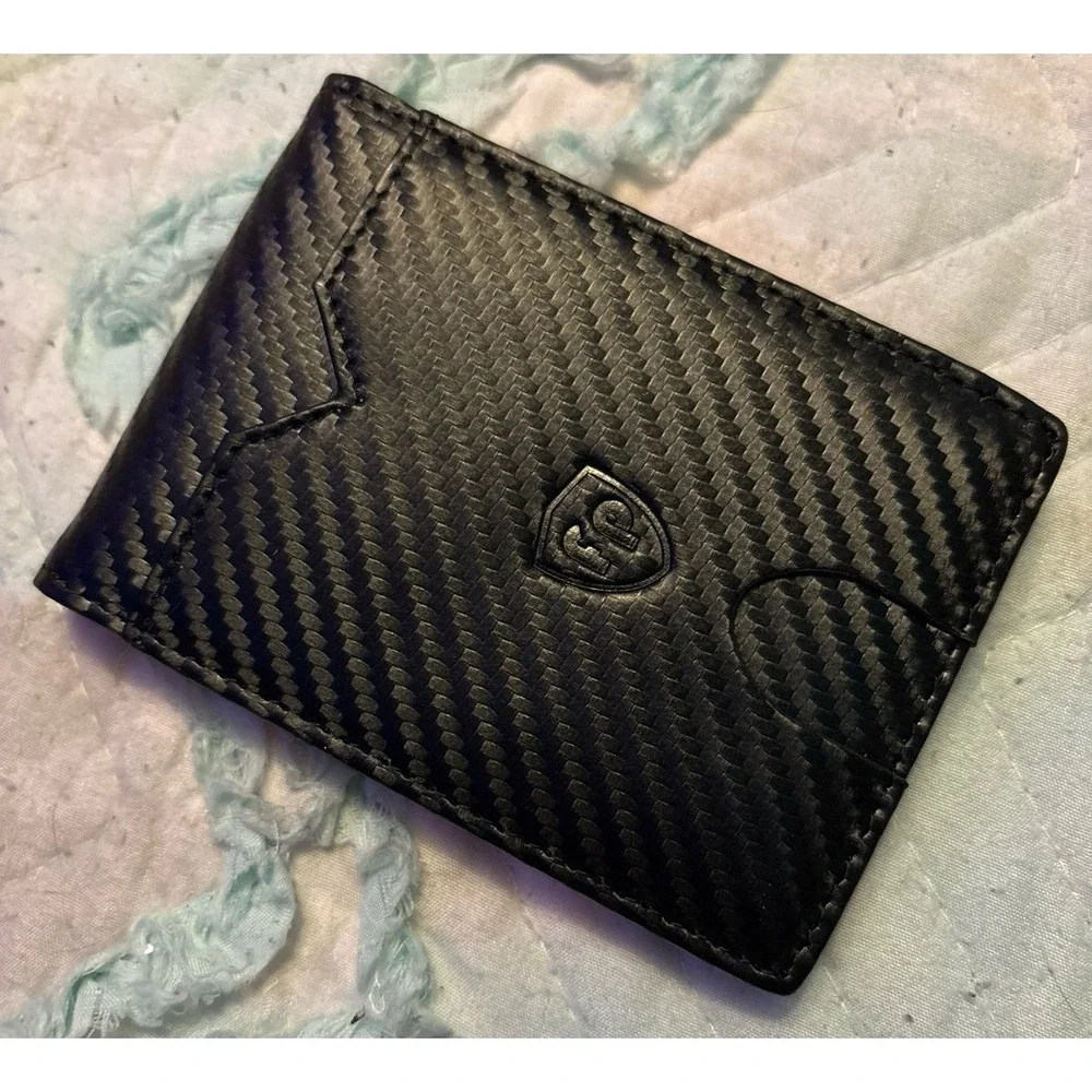 NEW Men's Minimalist Slim Black Carbon Fiber‎ & Orange Wallet w/ Money Clip